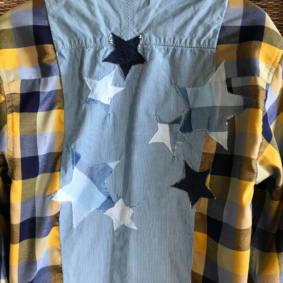 Mixed Plaid Button-Down Shirt: Upcycled Boho Top, Applique Stars, Funky Grunge - Picture 5 of 12